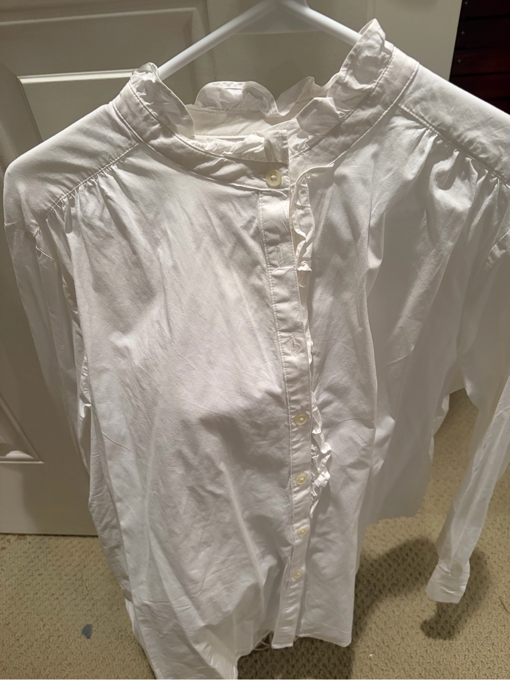 Ann Taylor White Ruffle-Trim Button-Front Blouse